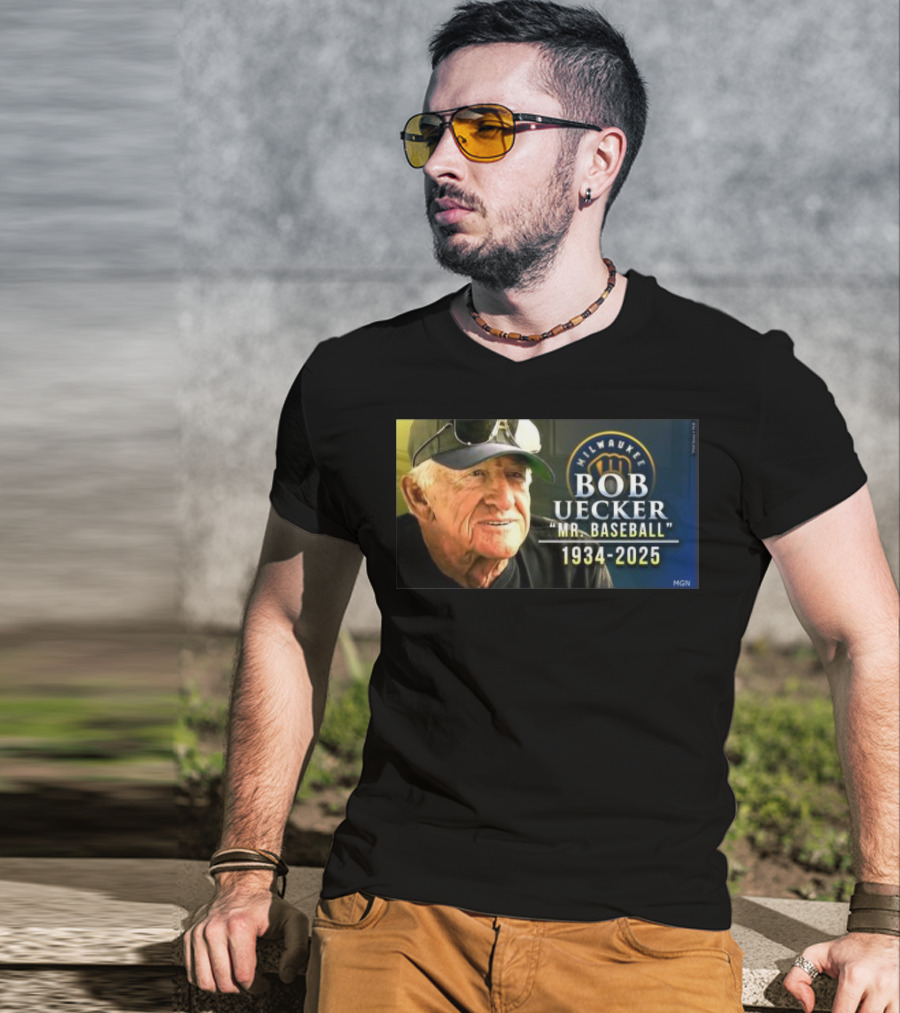 Milwaukee Brewers Bob Uecker Mr. Baseball 1934-2025 Tribute T-Shirt