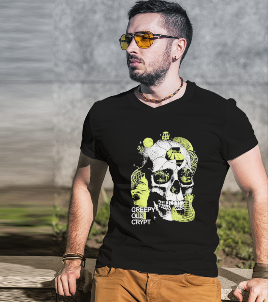Rocco Botte Creepy Old Crypt Skull Neon Aesthetic T-Shirt