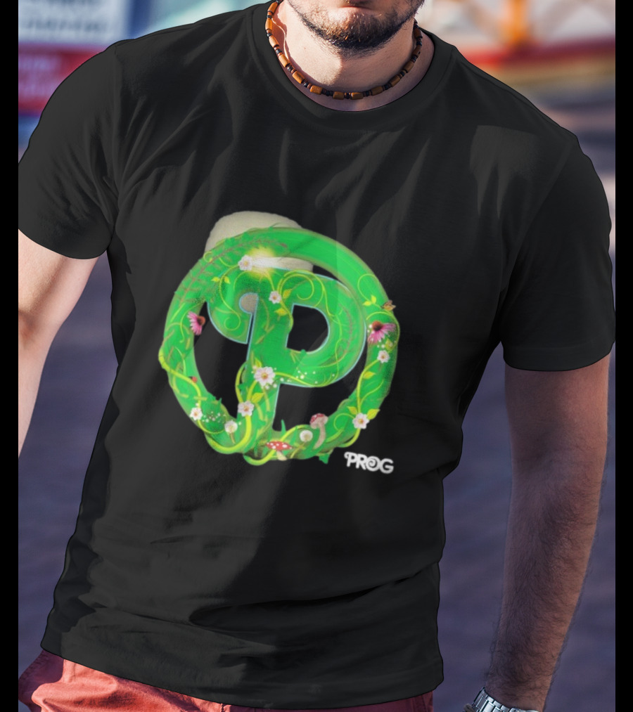 Prog Green Nature-Inspired Letter P With Flowers And Mushrooms T-Shirt