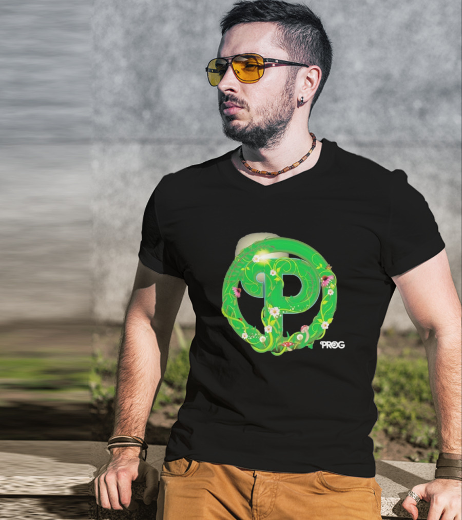 Prog Green Nature-Inspired Letter P With Flowers And Mushrooms T-Shirt
