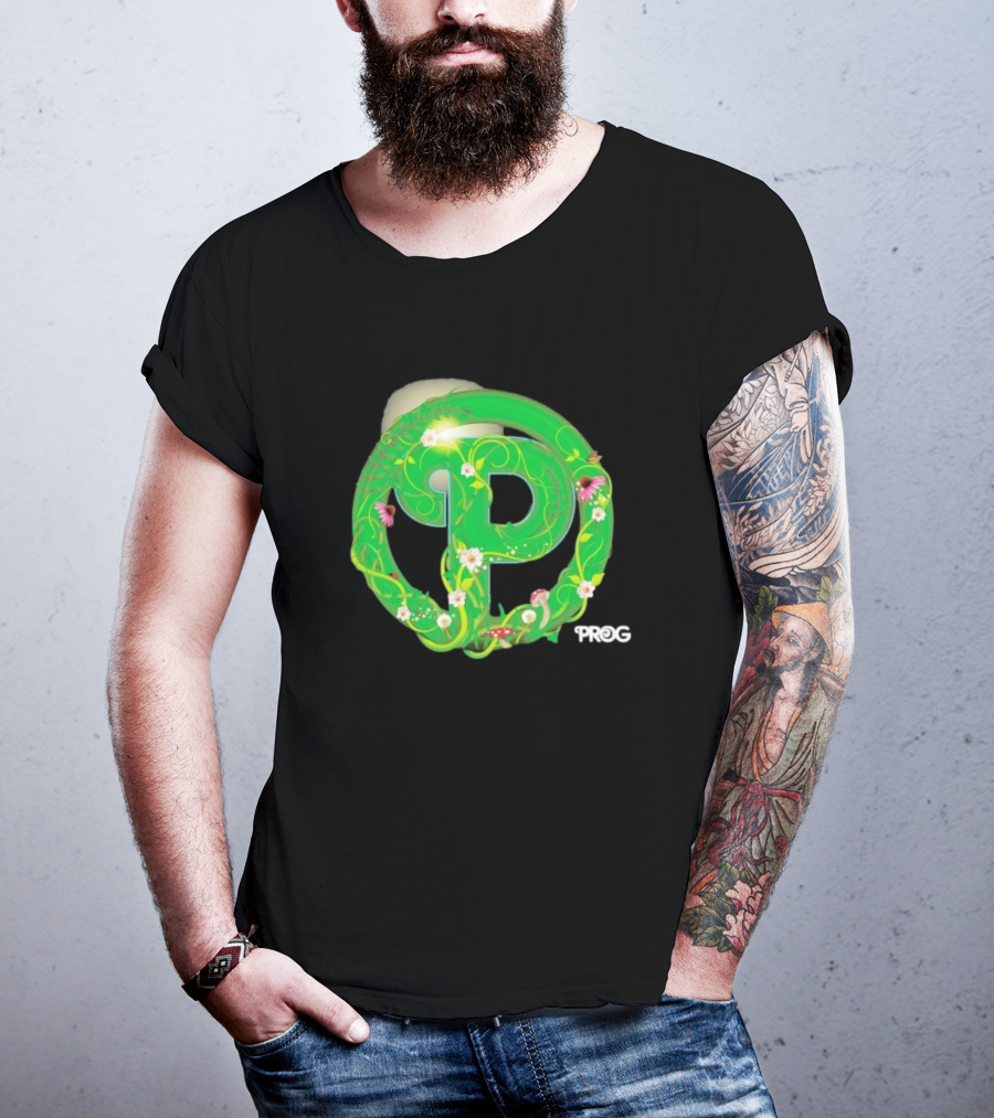 Prog Green Nature-Inspired Letter P With Flowers And Mushrooms T-Shirt