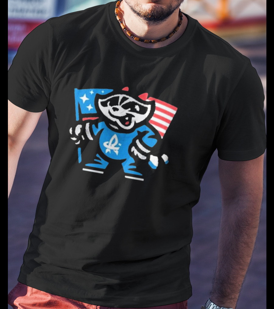 Rocket City Trash Pandas Mascot Holding American Flag And Rocket Logo T-Shirt