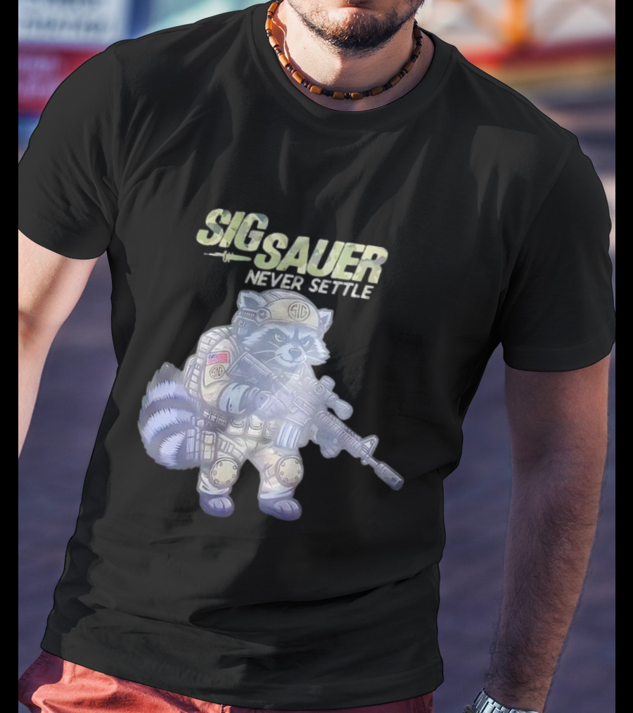 Raccoon Soldier Sig Sauer Never Settle Tactical Gear T-Shirt