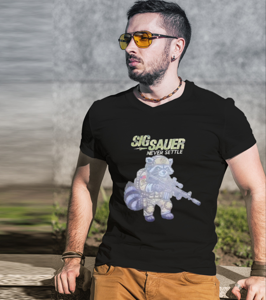 Raccoon Soldier Sig Sauer Never Settle Tactical Gear T-Shirt