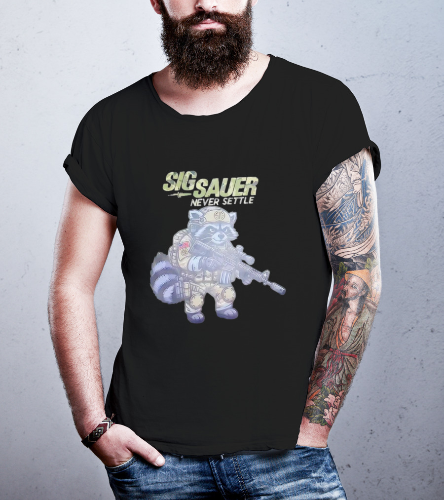 Raccoon Soldier Sig Sauer Never Settle Tactical Gear T-Shirt