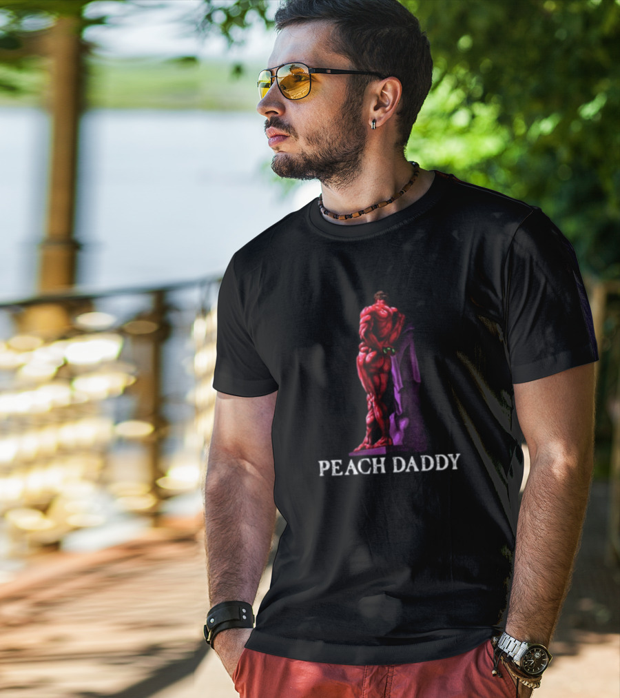 Raskolapparel Peach Daddy Muscle Statue With Purple Accent T-Shirt