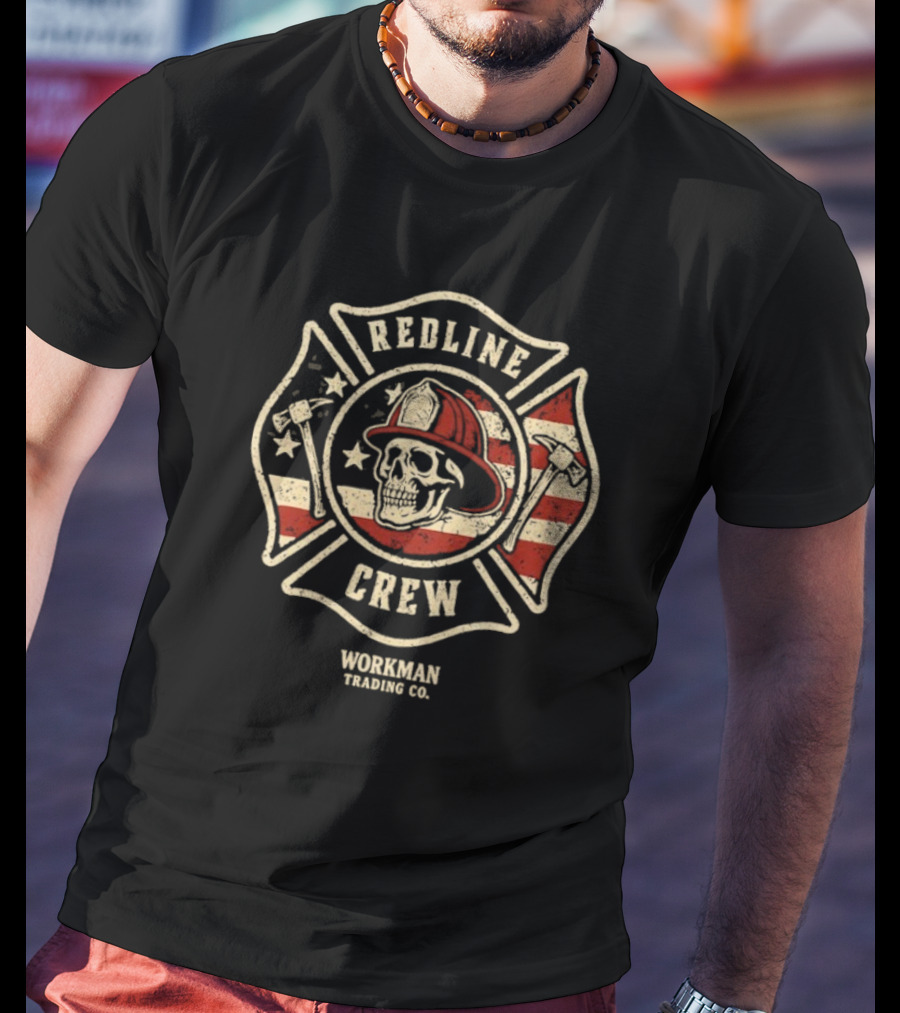 Redline Crew Workman Trading Co Skull Firefighter American Flag T-Shirt