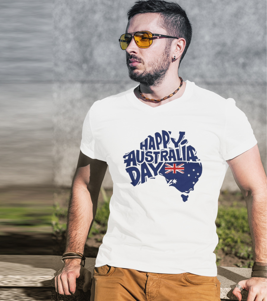 Happy Australia Day Map With Flag Inside Text T-Shirt