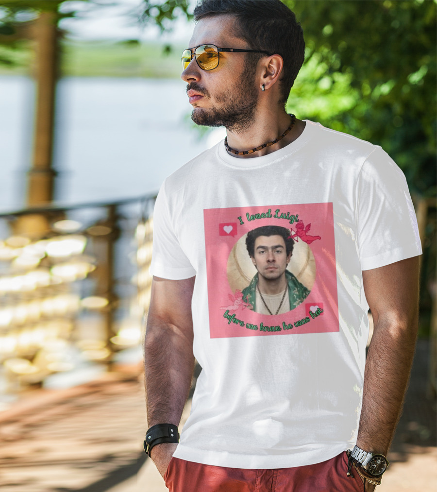 I Loved Luigi Before We Knew He Was Hot Pink Background Heart And Cupid Design T-Shirt