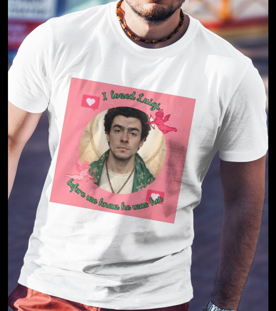 I Loved Luigi Before We Knew He Was Hot Pink Background Heart And Cupid Design T-Shirt