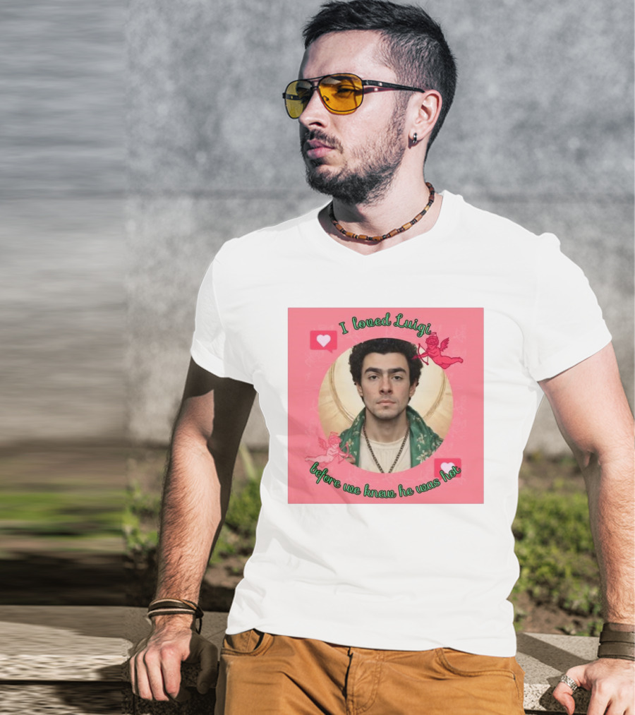 I Loved Luigi Before We Knew He Was Hot Pink Background Heart And Cupid Design T-Shirt