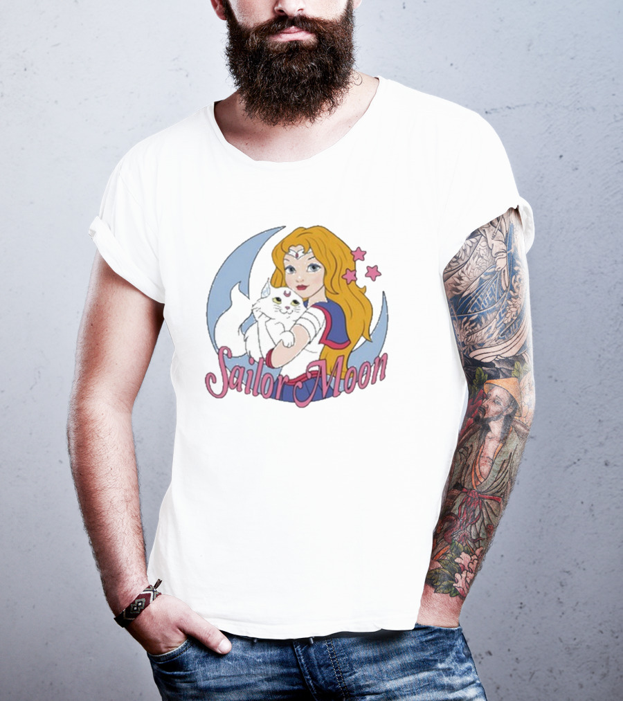 Sailor Moon Holding White Cat With Stars T-Shirt