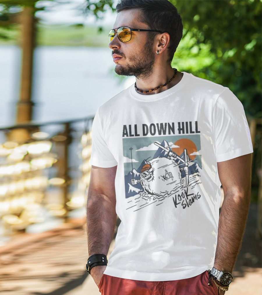 Kook Slams All Down Hill Skiing Adventure Orange Sunset Rugged Mountains T-Shirt