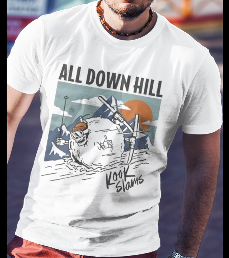 Kook Slams All Down Hill Skiing Adventure Orange Sunset Rugged Mountains T-Shirt