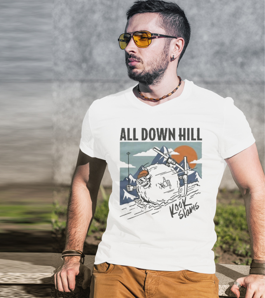 Kook Slams All Down Hill Skiing Adventure Orange Sunset Rugged Mountains T-Shirt