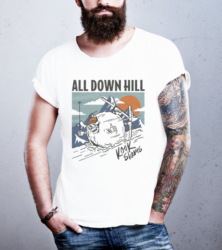 Kook Slams All Down Hill Skiing Adventure Orange Sunset Rugged Mountains T-Shirt