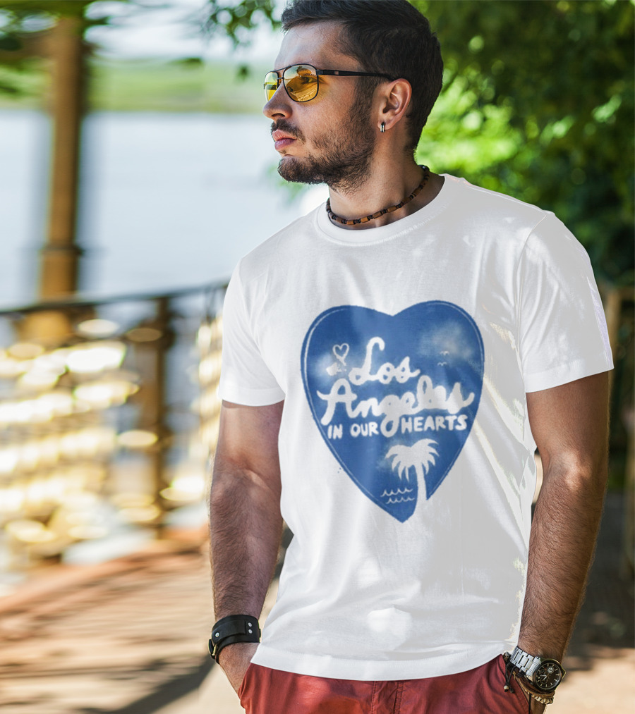 Los Angeles In Our Hearts Blue Heart With Palm Tree T-Shirt