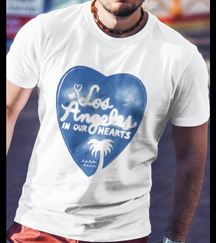 Los Angeles In Our Hearts Blue Heart With Palm Tree T-Shirt