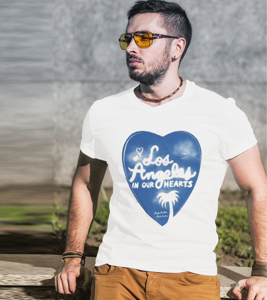 Los Angeles In Our Hearts Blue Heart With Palm Tree T-Shirt