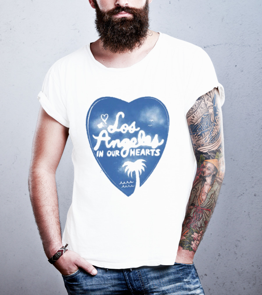 Los Angeles In Our Hearts Blue Heart With Palm Tree T-Shirt