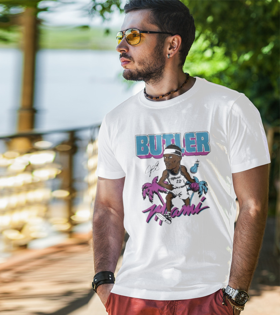 Butler Miami Basketball Caricature With Palm Trees And Flaming Ball T-Shirt