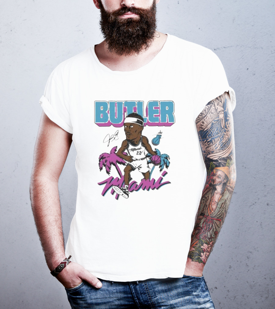 Butler Miami Basketball Caricature With Palm Trees And Flaming Ball T-Shirt