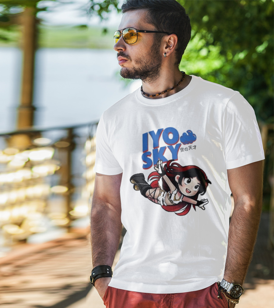 Iyo Sky Anime Character With Red And Black Hair Floating In The Clouds T-Shirt