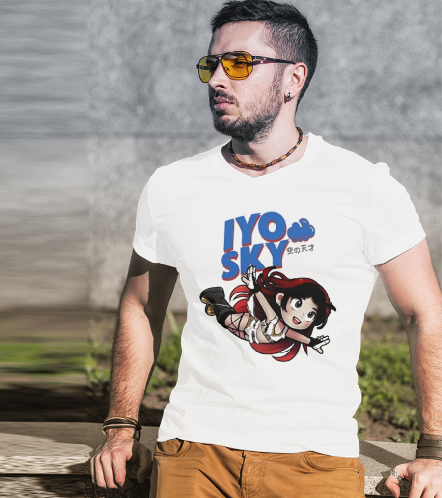 Iyo Sky Anime Character With Red And Black Hair Floating In The Clouds T-Shirt