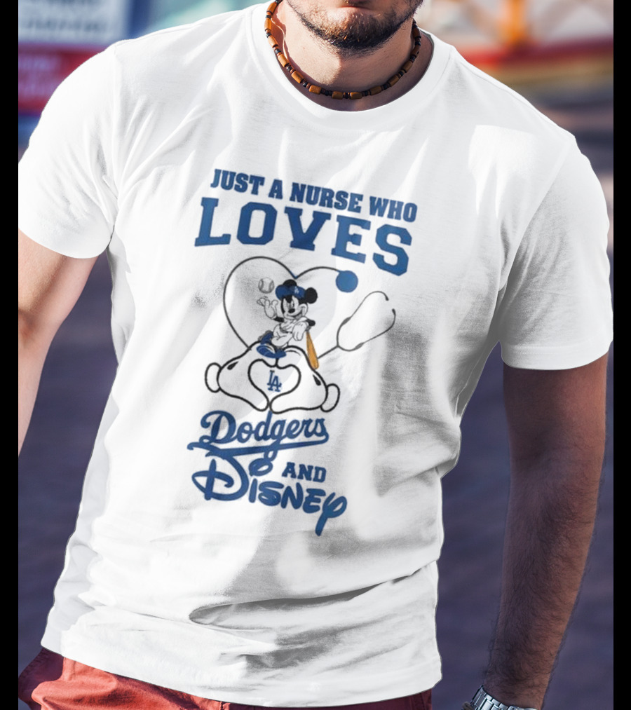 Just A Nurse Who Loves Dodgers And Disney Mickey Mouse Baseball T-Shirt