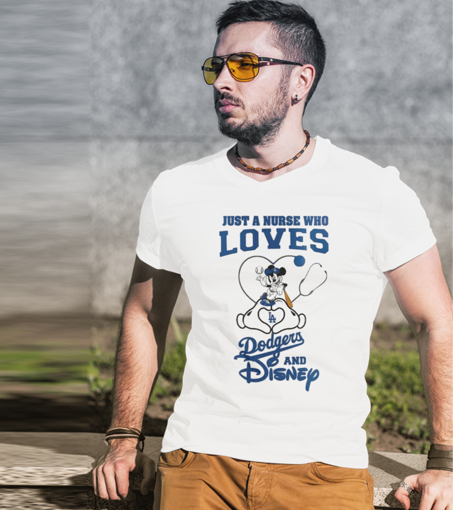 Just A Nurse Who Loves Dodgers And Disney Mickey Mouse Baseball T-Shirt