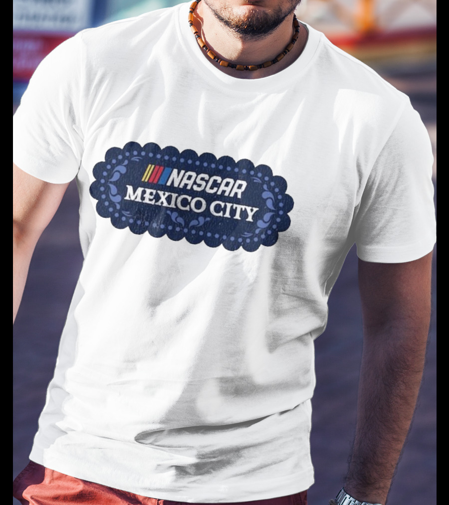 NASCAR Mexico City Scalloped Emblem With Colorful Stripes On Blue Background T-Shirt