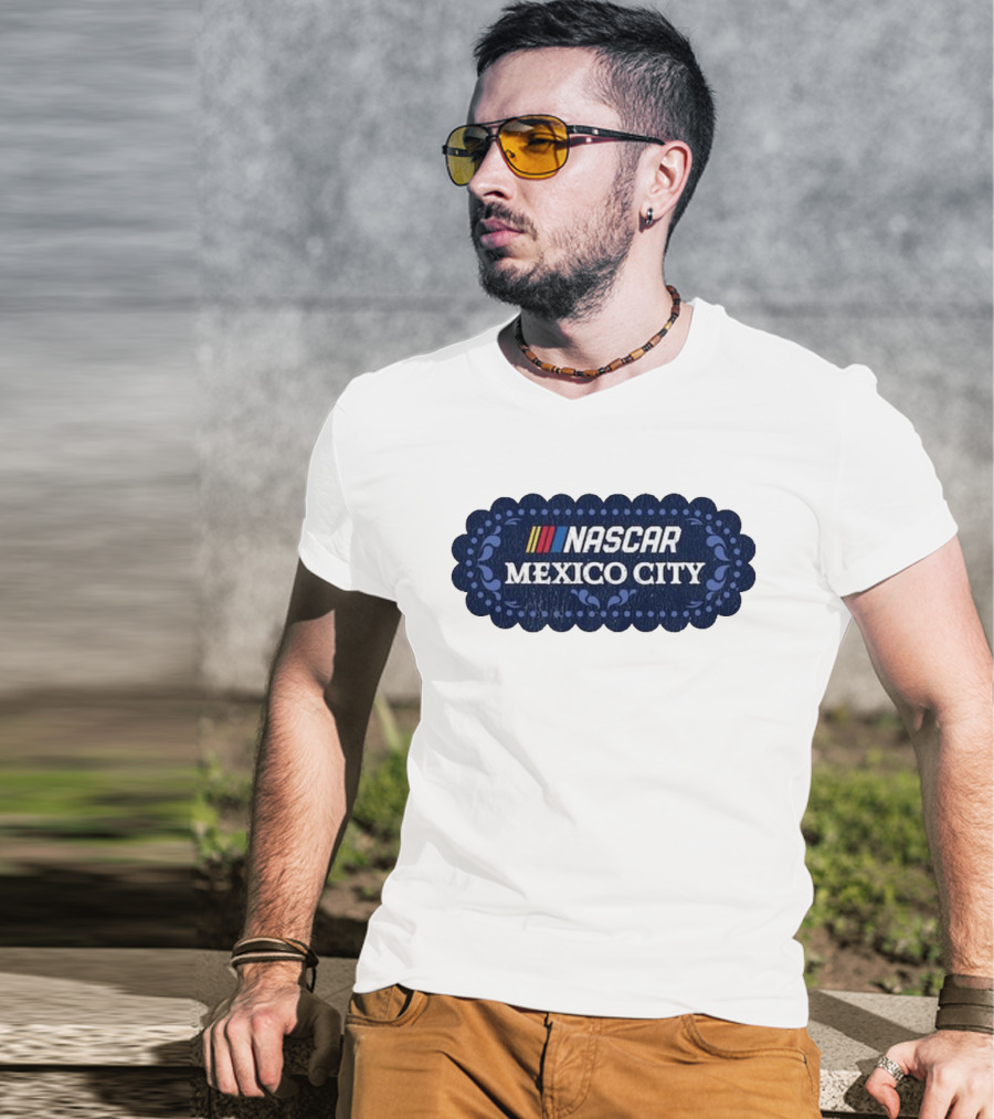 NASCAR Mexico City Scalloped Emblem With Colorful Stripes On Blue Background T-Shirt