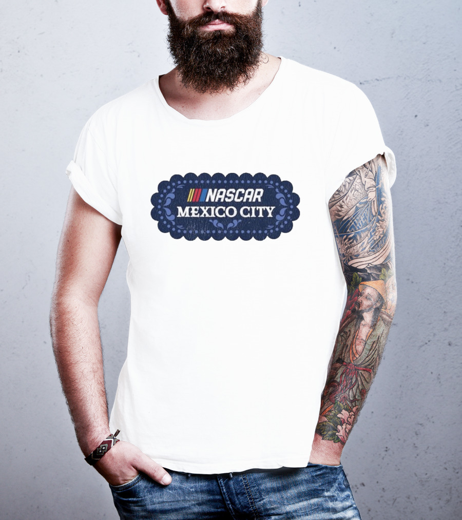 NASCAR Mexico City Scalloped Emblem With Colorful Stripes On Blue Background T-Shirt