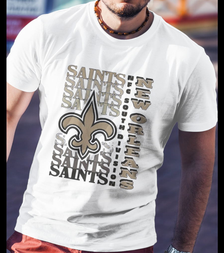 New Orleans Saints NFC South Division Fleur-de-Lis Saints Text Pattern T-Shirt