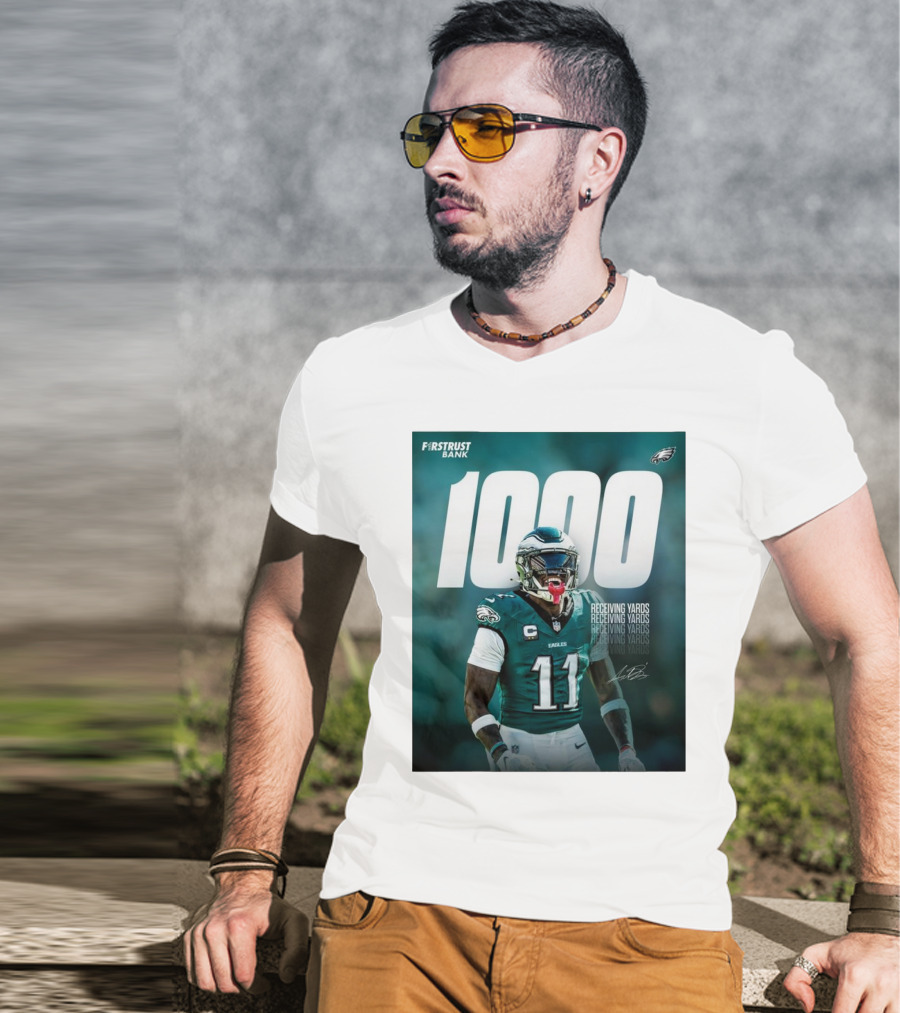 Philadelphia Eagles A.J. Brown 1000 Receiving Yards Signature Fly Eagles Fly NFL T-Shirt