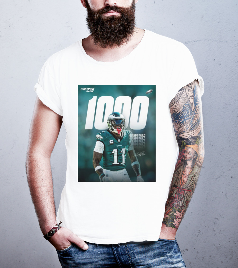 Philadelphia Eagles A.J. Brown 1000 Receiving Yards Signature Fly Eagles Fly NFL T-Shirt