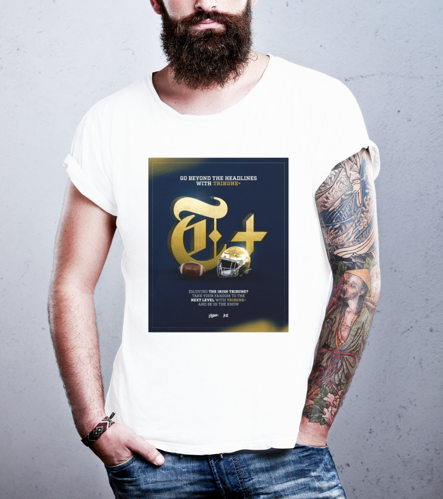 Notre Dame Fighting Irish Tribune+ Go Beyond The Headlines Football Helmet T-Shirt