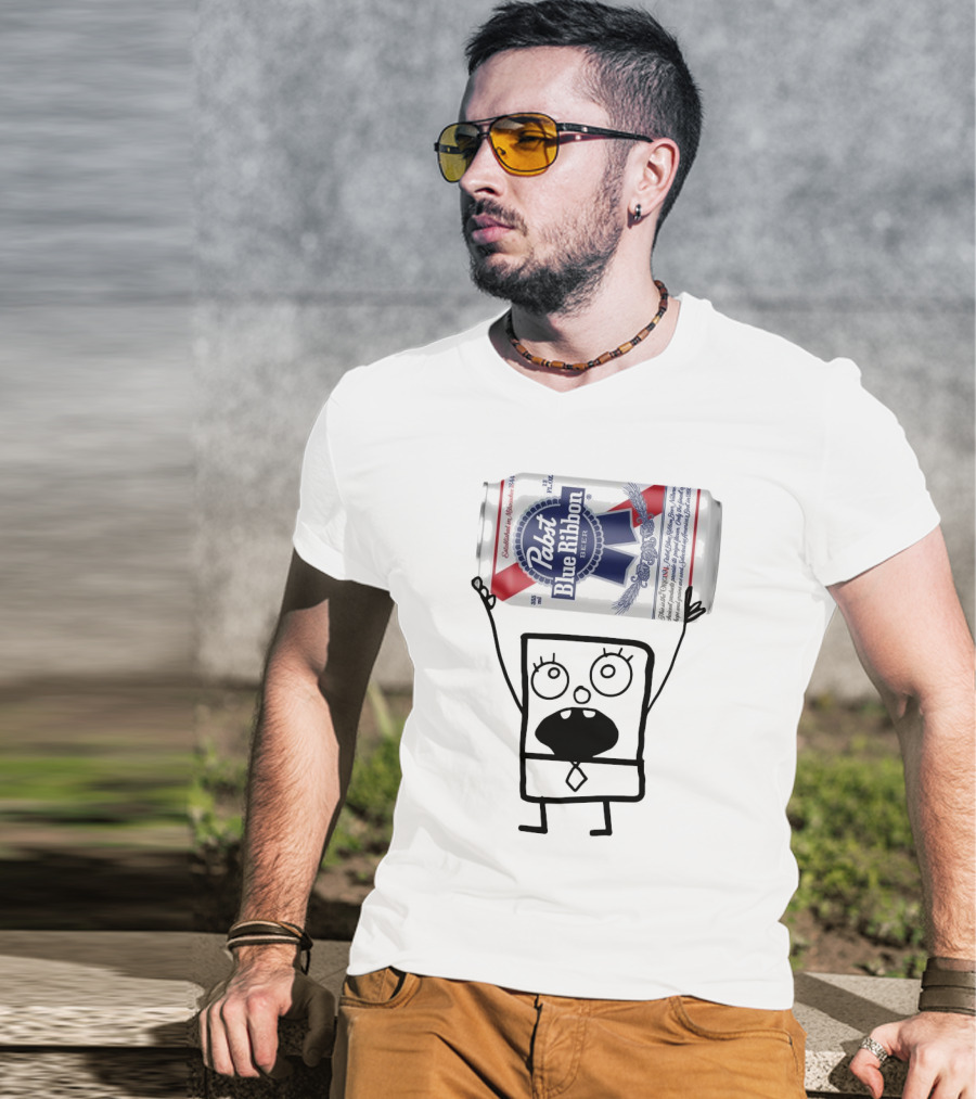 Pabst Blue Ribbon Doodlebob SpongeBob SquarePants Canned Beer Character T-Shirt