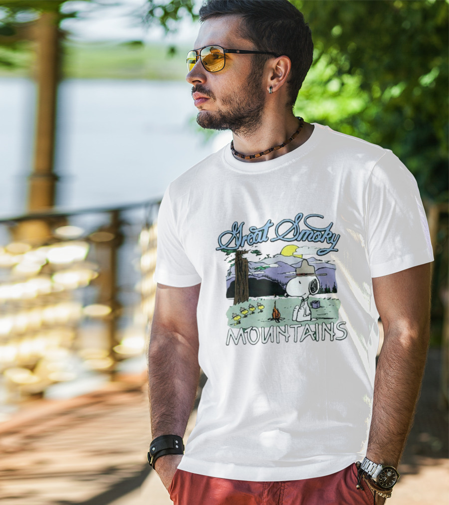 Snoopy Great Smoky Mountains Camping Scene With Woodstock Characters T-Shirt