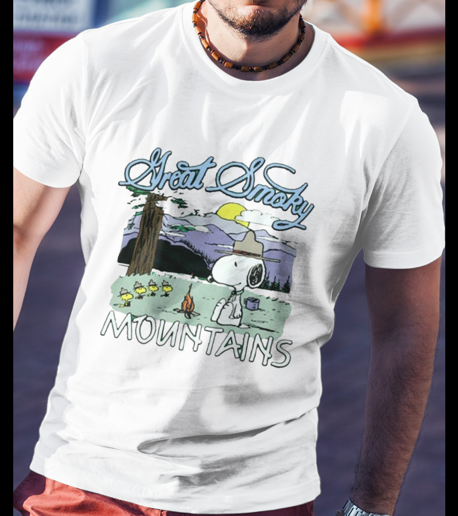 Snoopy Great Smoky Mountains Camping Scene With Woodstock Characters T-Shirt