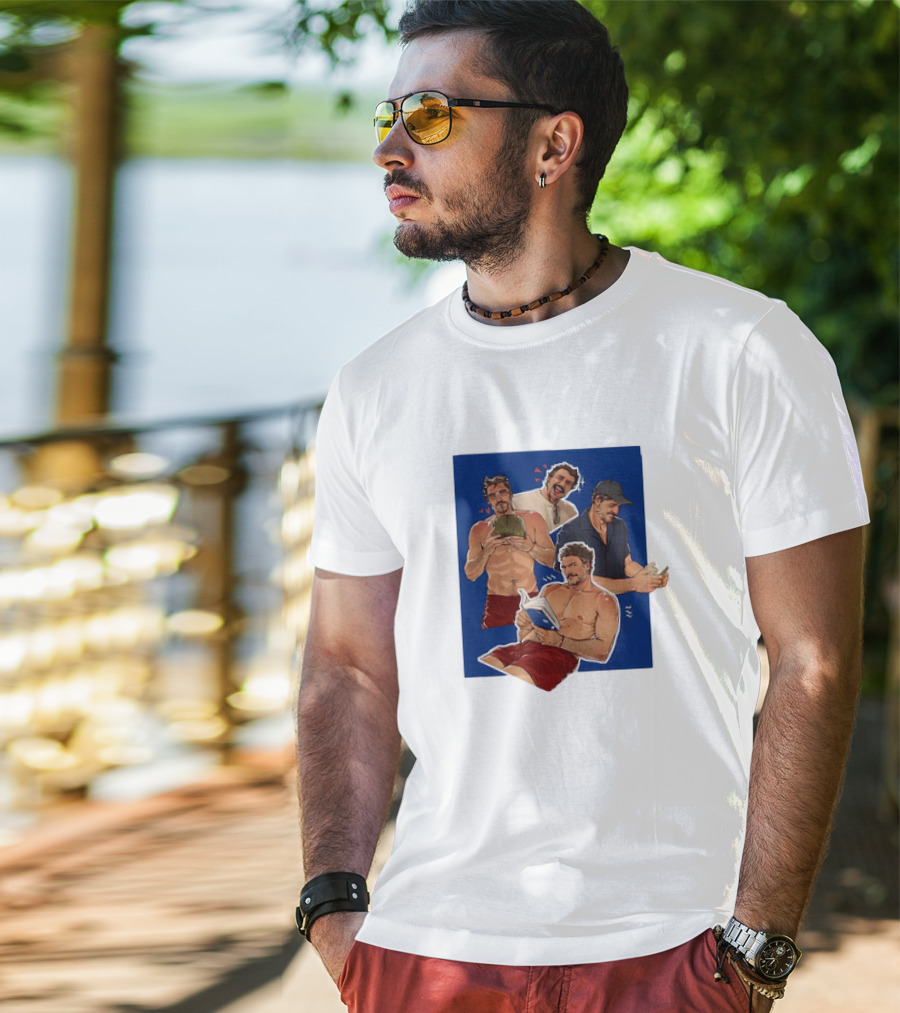Pedro Pascal Humorous Illustrated Collage Reading And Relaxing Moments T-Shirt