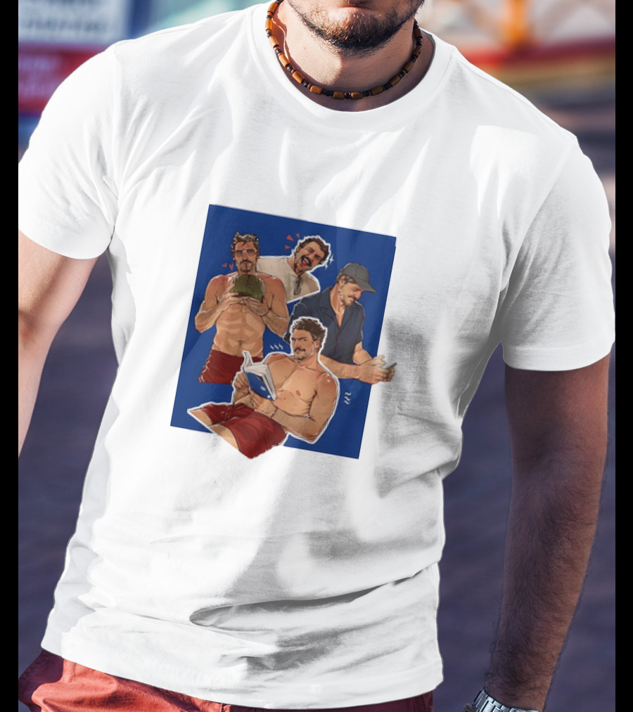 Pedro Pascal Humorous Illustrated Collage Reading And Relaxing Moments T-Shirt