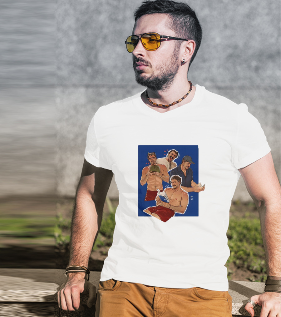 Pedro Pascal Humorous Illustrated Collage Reading And Relaxing Moments T-Shirt