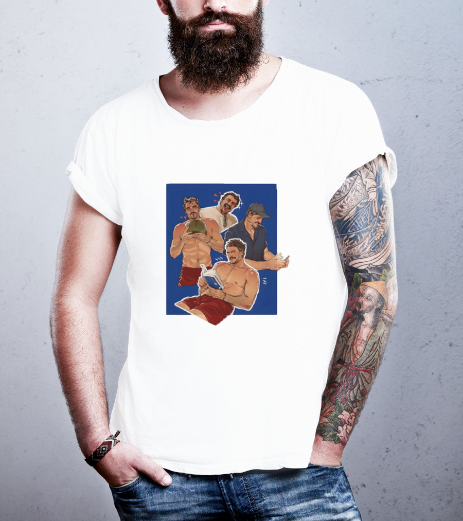 Pedro Pascal Humorous Illustrated Collage Reading And Relaxing Moments T-Shirt