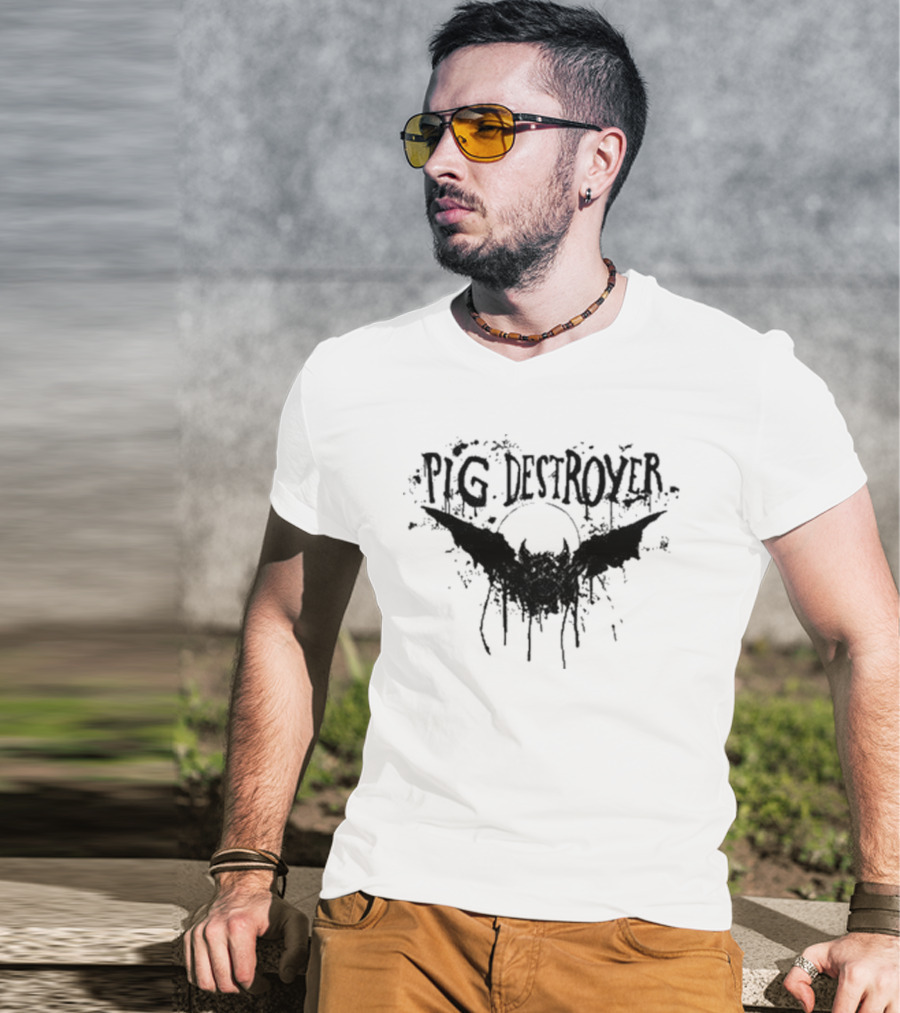 Pig Destroyer Heavy Metal Band Logo With Bat And Splatter Elements T-Shirt