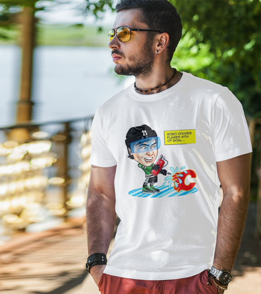 Robo Douses Flames With OT Goal Hockey Player Cartoon Extinguishing Calgary Flame Logo T-Shirt