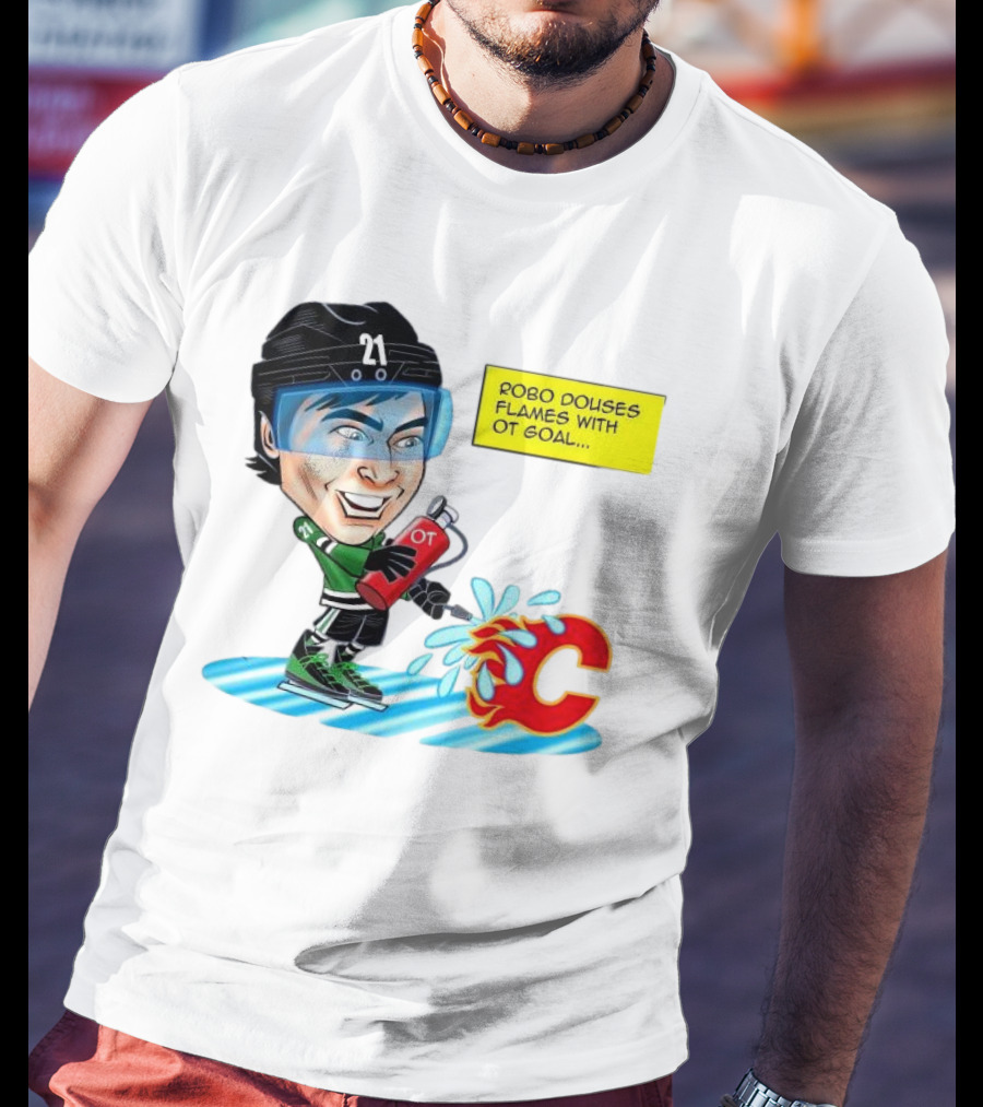 Robo Douses Flames With OT Goal Hockey Player Cartoon Extinguishing Calgary Flame Logo T-Shirt
