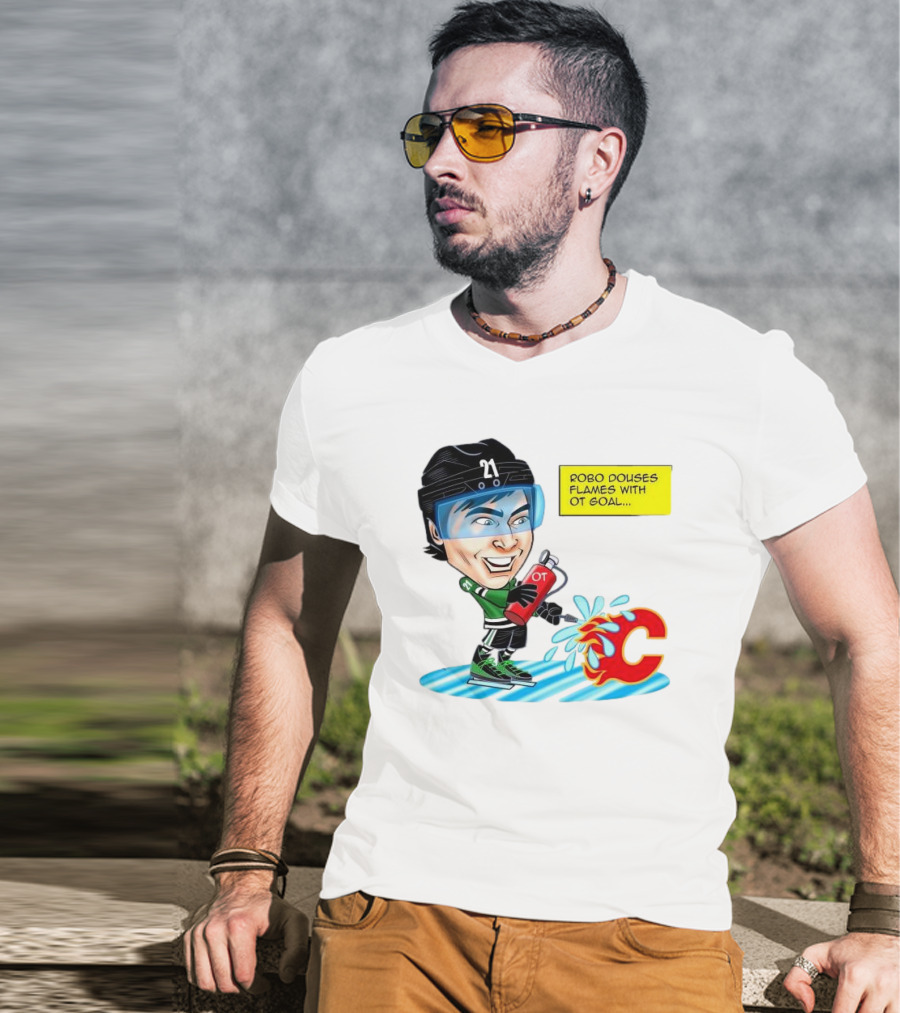 Robo Douses Flames With OT Goal Hockey Player Cartoon Extinguishing Calgary Flame Logo T-Shirt
