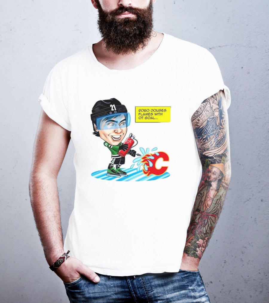 Robo Douses Flames With OT Goal Hockey Player Cartoon Extinguishing Calgary Flame Logo T-Shirt