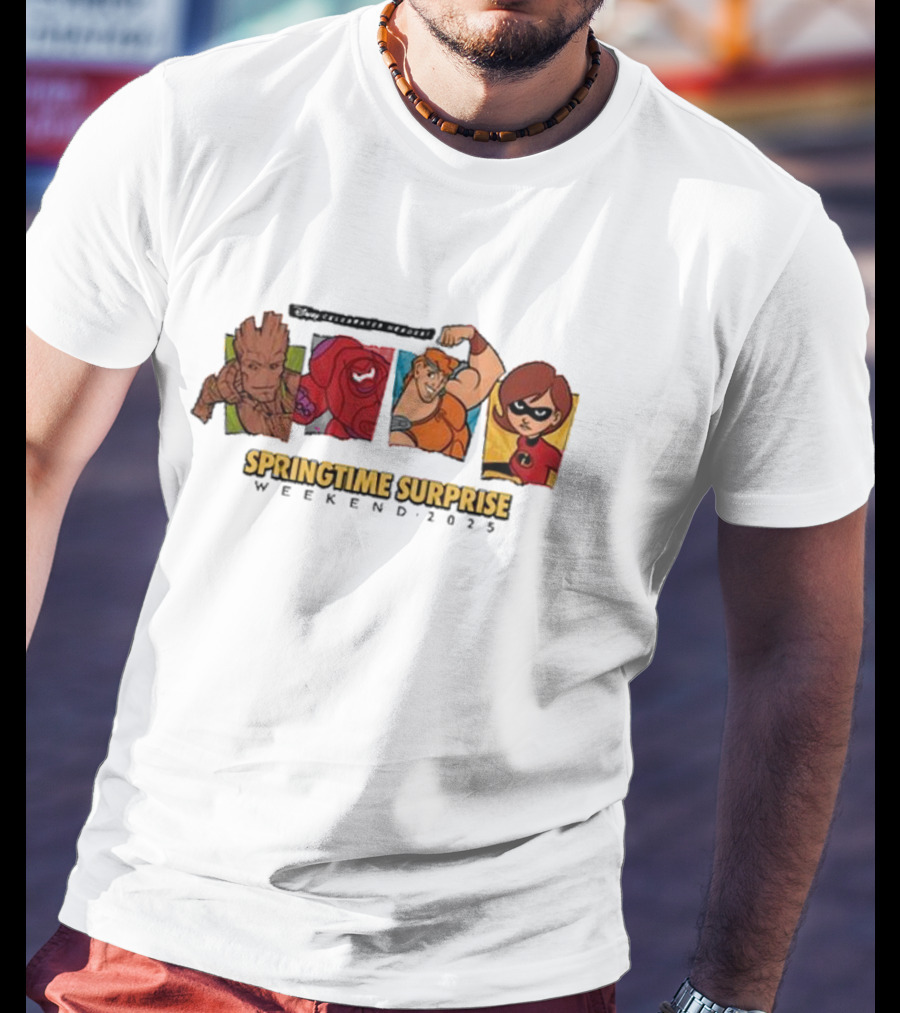 Run Disney Springtime Surprise Weekend 2025 Groot Baymax Hercules Elastigirl T-Shirt